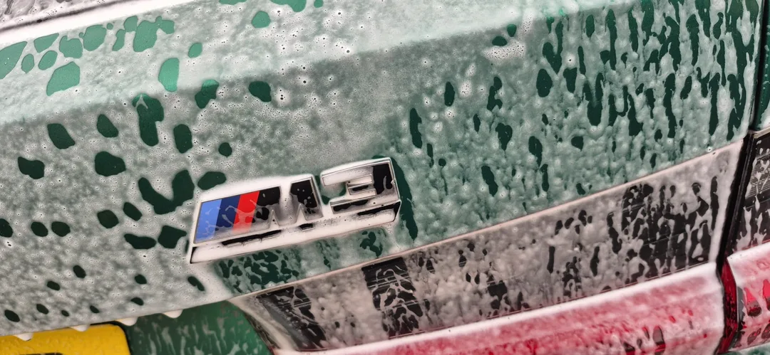 Close up of BMW M3 being washed safely in winter at DMD Car Detailing, Paisley