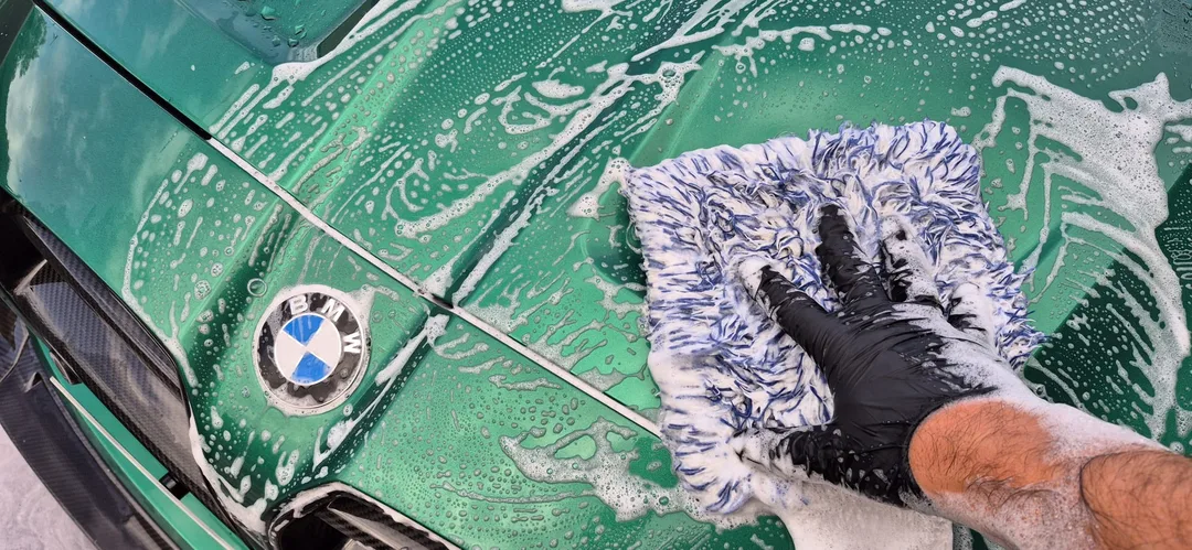 BMW M3 bonnet being washed safely in winter at DMD Car Detailing, Paisley