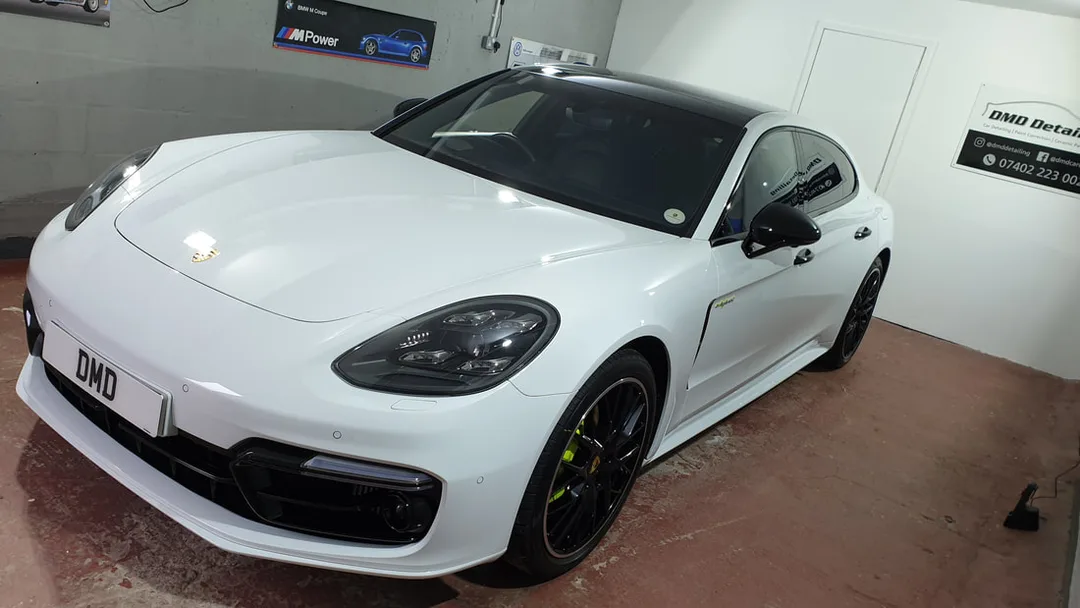 Glossy finish on this Porsche Panamera hybrid after paint correction and ceramic coating service