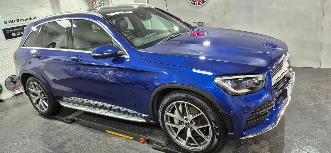 Mercedes GLC 300d in Nautic Blue Metallic after paint correction, showing a high gloss finish.