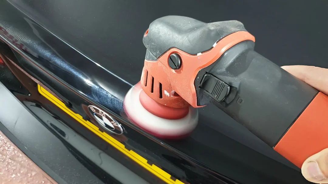 BMW 335d spoiler during second stage of paint correction in Paisley by DMD Car Detailing near Glasgow