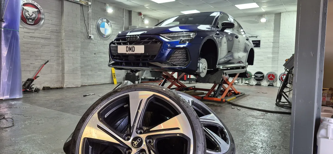 Navarra Blue Audi A3 undergoing new car ceramic coating detail in Paisley at DMD Car Detailing