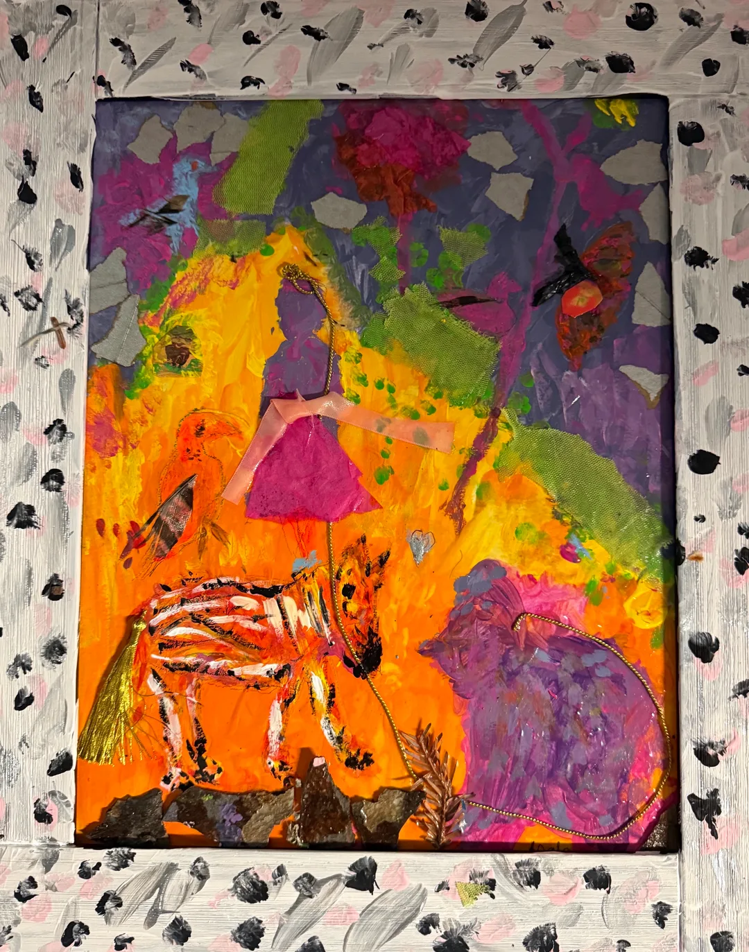  Acrylic paint, found objects collage.
11