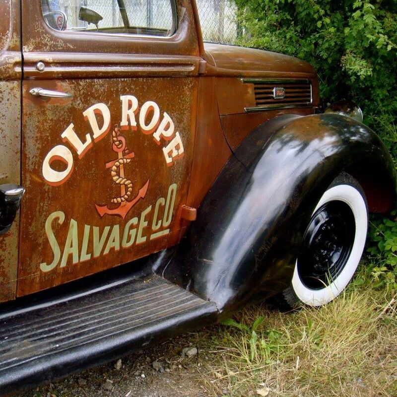 Sign-writing the Old Rope Salvage logo on to our 1941 Ford Pick-Up
