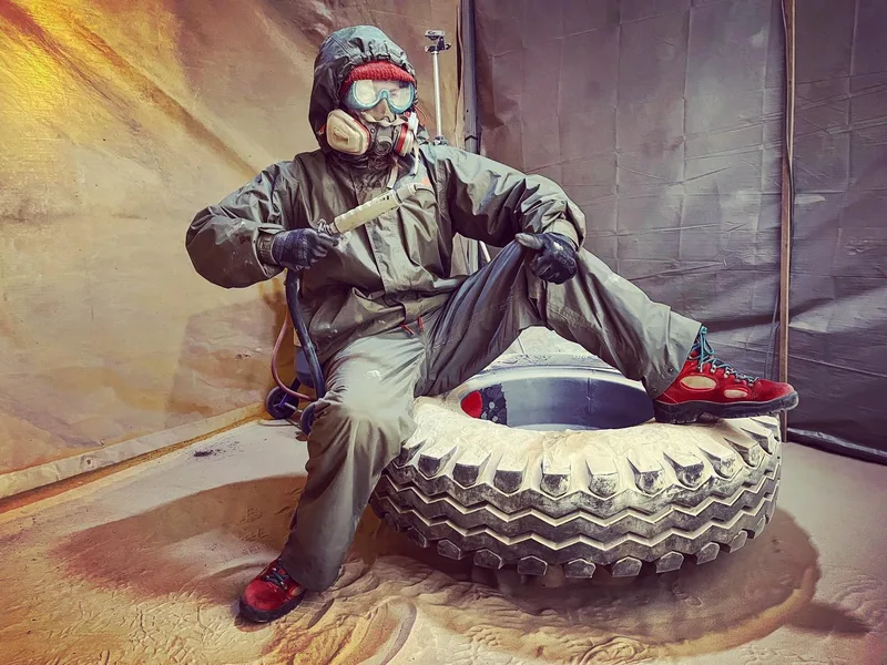 Woman in protective clothing sitting on a tyre with a sandblaster in hand
