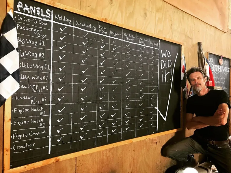Man standing at a black board filled with the to do list of many car painting tasks