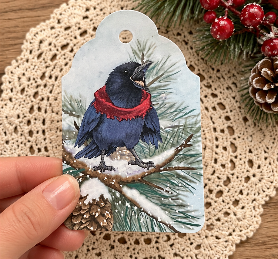 Singing Crow Christmas Gift Tags – Whimsical Winter Bird Gift Tags – Set of 8