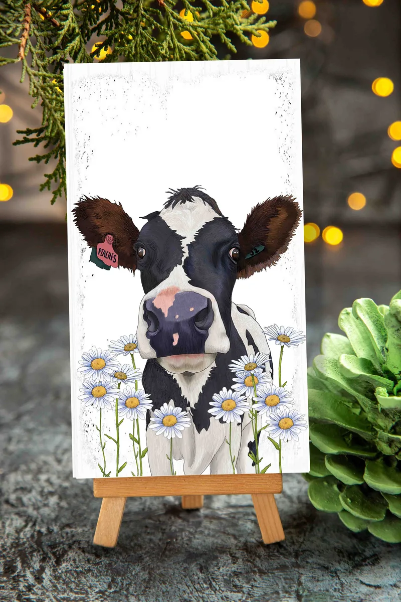 Wooden Sign Art - Peaches the Cow in Daisies