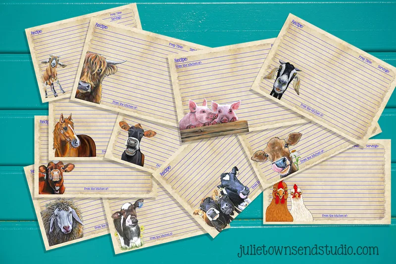 RC 125 - FARM ANIMAL ASSORTED 1 - Set of 12 Recipe Cards 