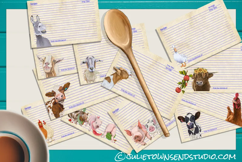 RC 126 - FARM ANIMAL ASSORTED SET 2 - Set of 12 Recipe Cards 